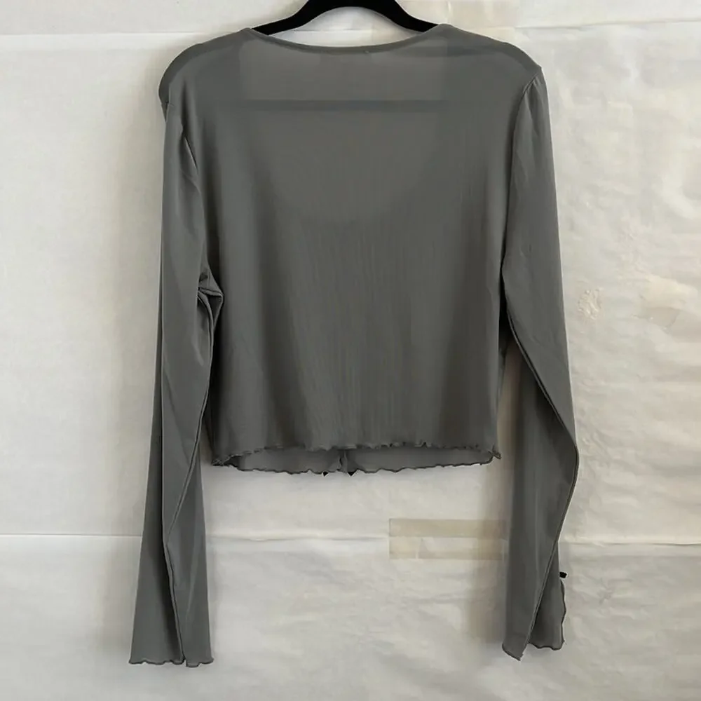 Sugar Moon Gray Mesh Bow Top XL Long Sleeve Ruffle Edge Coquette Y2K Crop - Picture 3 of 11